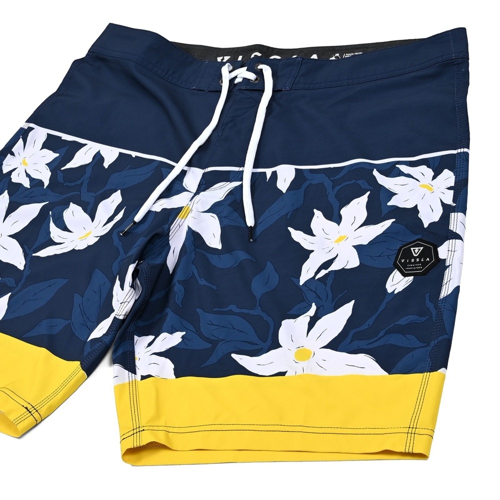 Vissla Board Shorts‎ Coconut Stretch Mens 36 Navy Yellow Floral Beach Swim Surf
